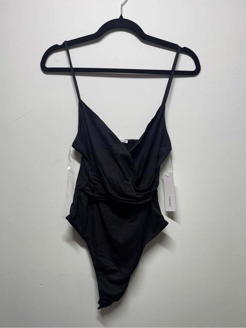 Timing Black Draped Bodysuit with Thin Straps